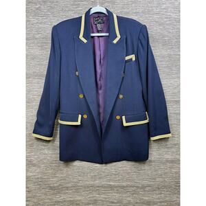 Vintage Suzelle Blazer Womens 6 Blue Gold Trim Double Breasted Lined Jacket